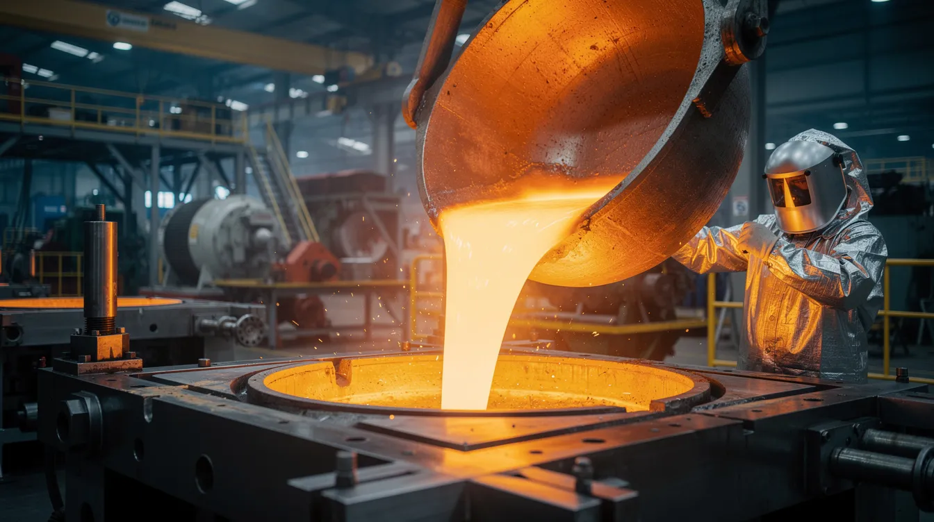 The image depicts molten aluminum being poured into a large industrial die casting machine, showcasing the vibrant orange liquid metal as it enters the mold cavity. This high-pressure die casting process highlights the manufacturing method used to create complex parts with excellent dimensional accuracy and smooth surface finishes.