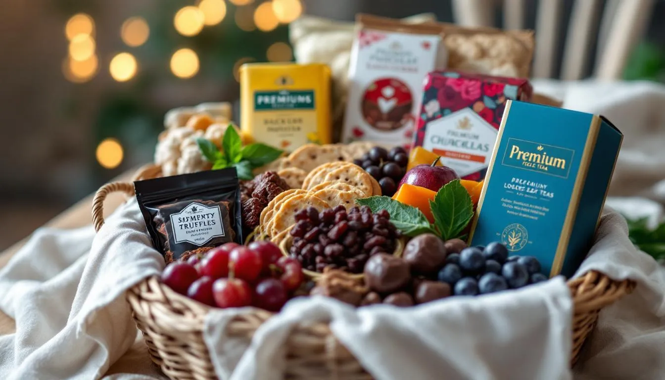 An elegant sympathy gift basket is beautifully arranged, featuring a selection of gourmet foods, fresh fruits, specialty teas, and sweet and savory snacks, designed to offer comfort and support to grieving family members during a difficult time. This thoughtful condolence gift conveys warmth and compassion, making it a perfect way to express condolences to loved ones.