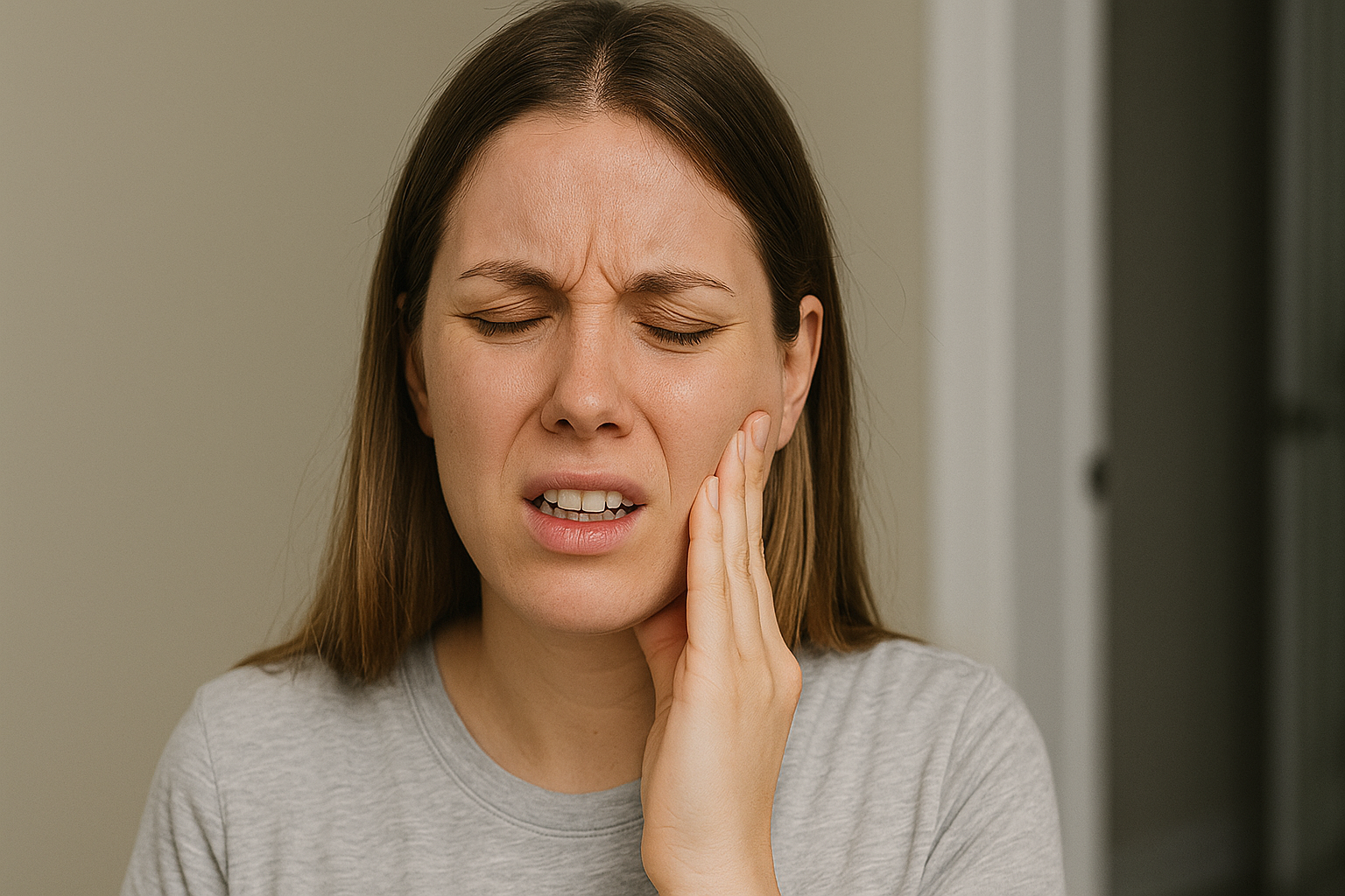 Visdomstenner: Når De Kommer, Hvorfor De Går 15 Ung kvinne holder seg til kjeven med smertefullt uttrykk, typisk for visdomstannplager før fjerning hos tannlege.