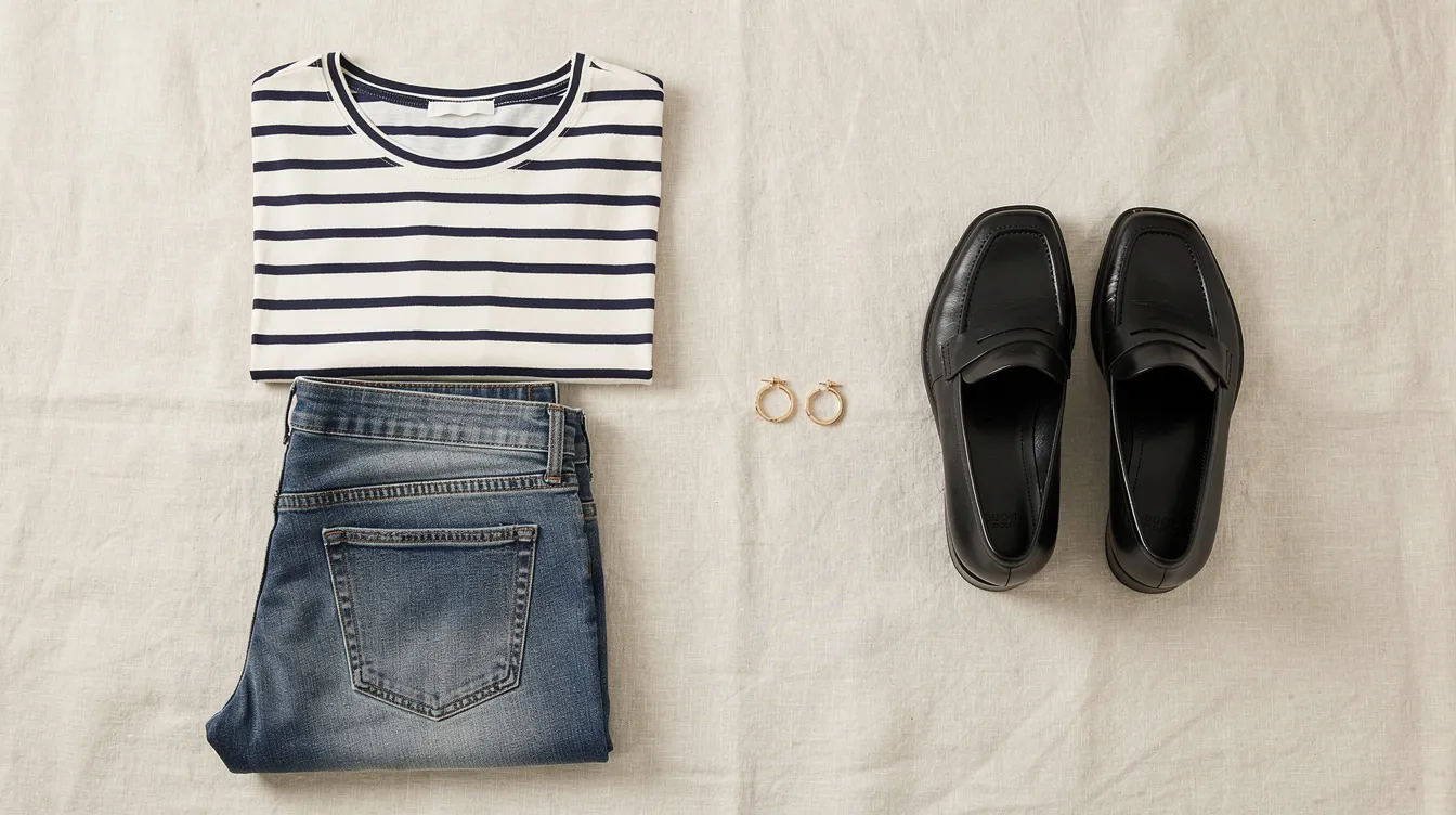 A flat lay showcases classic wardrobe basics, featuring a striped navy shirt, folded straight leg jeans, black loafers, and gold hoop earrings, all arranged on a cream linen background. This effortlessly chic ensemble embodies the timeless style that French women love, perfect for warmer weather.