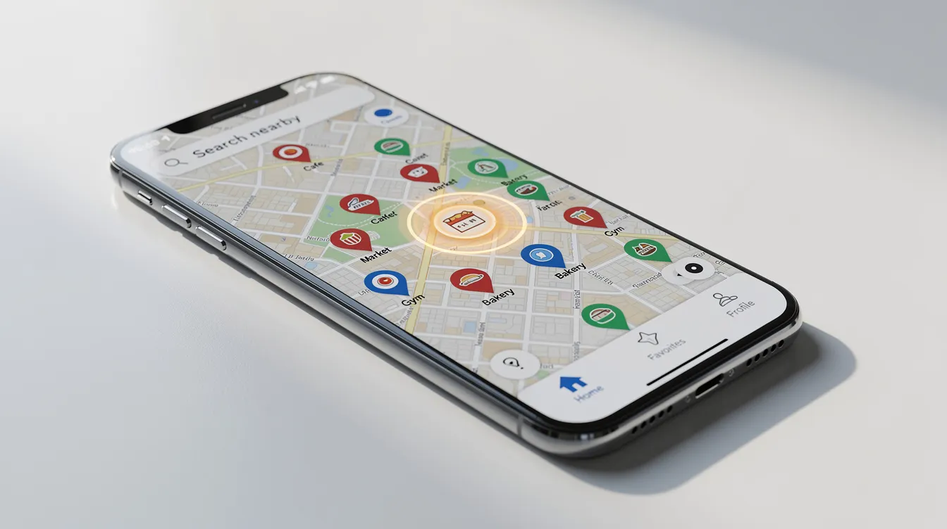 The image shows a smartphone with a vibrant map displayed on its screen, featuring various pins indicating local businesses. This visual represents the importance of local SEO for estate agents, enabling potential clients to easily find property listings and services in their area through Google Maps.