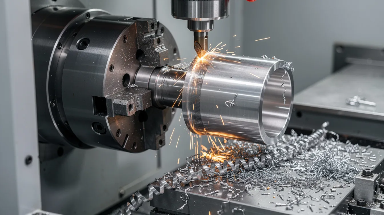 The image shows an industrial CNC turning center actively machining a stainless steel part, with metal chips scattered around, illustrating the machining process involved in modern manufacturing. The CNC machine is equipped for precise tool movements and programming, highlighting the importance of CNC programming and computer-aided manufacturing in creating intricate machine parts.