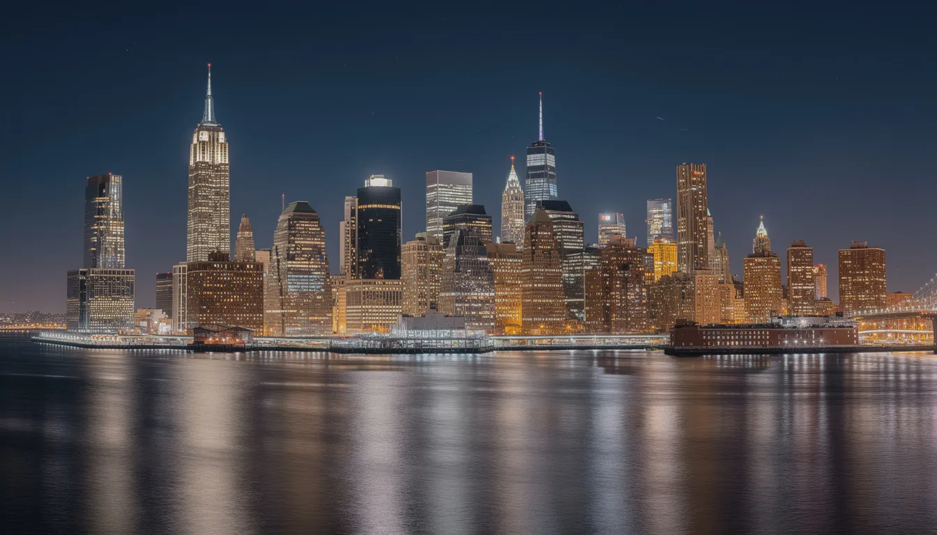 En vacker nattvy av New Yorks stadssilhuett där skyskraporna är upplysta, vilket skapar en gnistrande atmosfär. Staden visar sin livliga energi med ljus som lyser upp den mörka himlen.