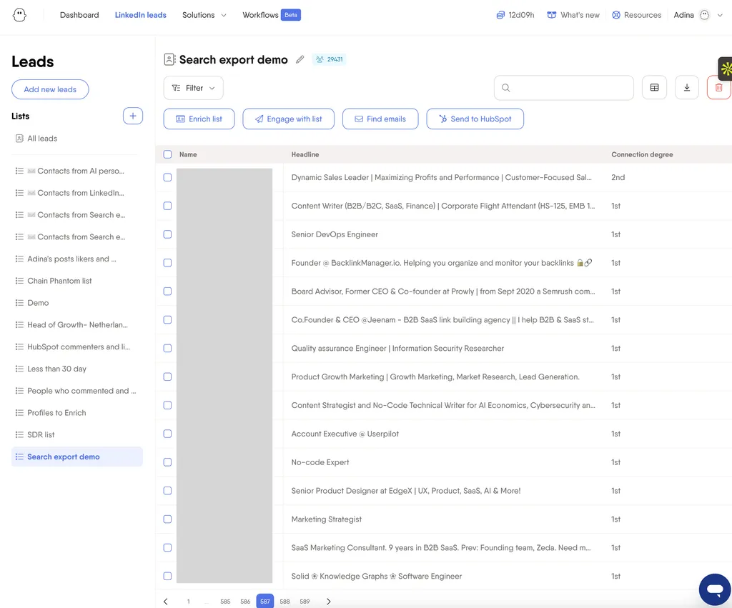 PhantomBuster LinkedIn Search Export automation interface