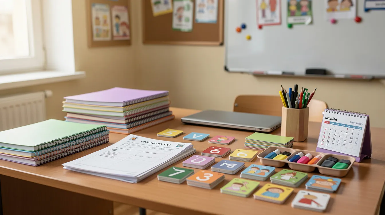 Na biurku nauczyciela znajdują się zeszyty, karty pracy oraz kolorowe pomoce dydaktyczne, kt&oacute;re wspierają zajęcia korekcyjno kompensacyjne, pomagając uczniom w opanowaniu umiejętności czytania i pisania. W tle można dostrzec r&oacute;żnorodne materiały do ćwiczeń, kt&oacute;re służą doskonaleniu percepcji wzrokowej oraz motoryki.