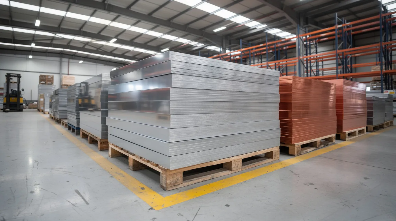 The image features neatly stacked metal sheets of various types, including shiny aluminum, brushed stainless steel, and copper, arranged in a warehouse setting, showcasing the diversity of sheet metal fabrication materials used in manufacturing processes. These metal sheets are ready for further processing, such as sheet metal cutting or bending, to create complex shapes and finished parts.