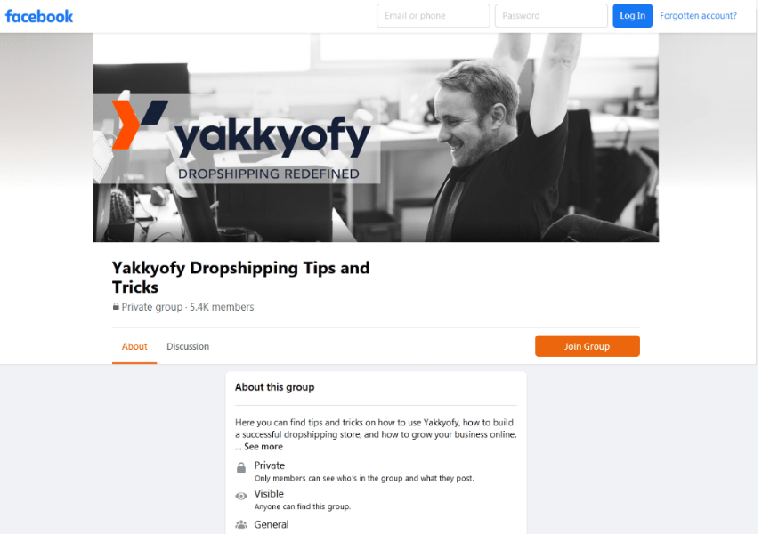 The Yakkyofy Dropshipping Community is hosted on Facebook and centers around dropshipping services offered by Yakkyofy, including private label dropshipping, automation, and virtual warehousing.