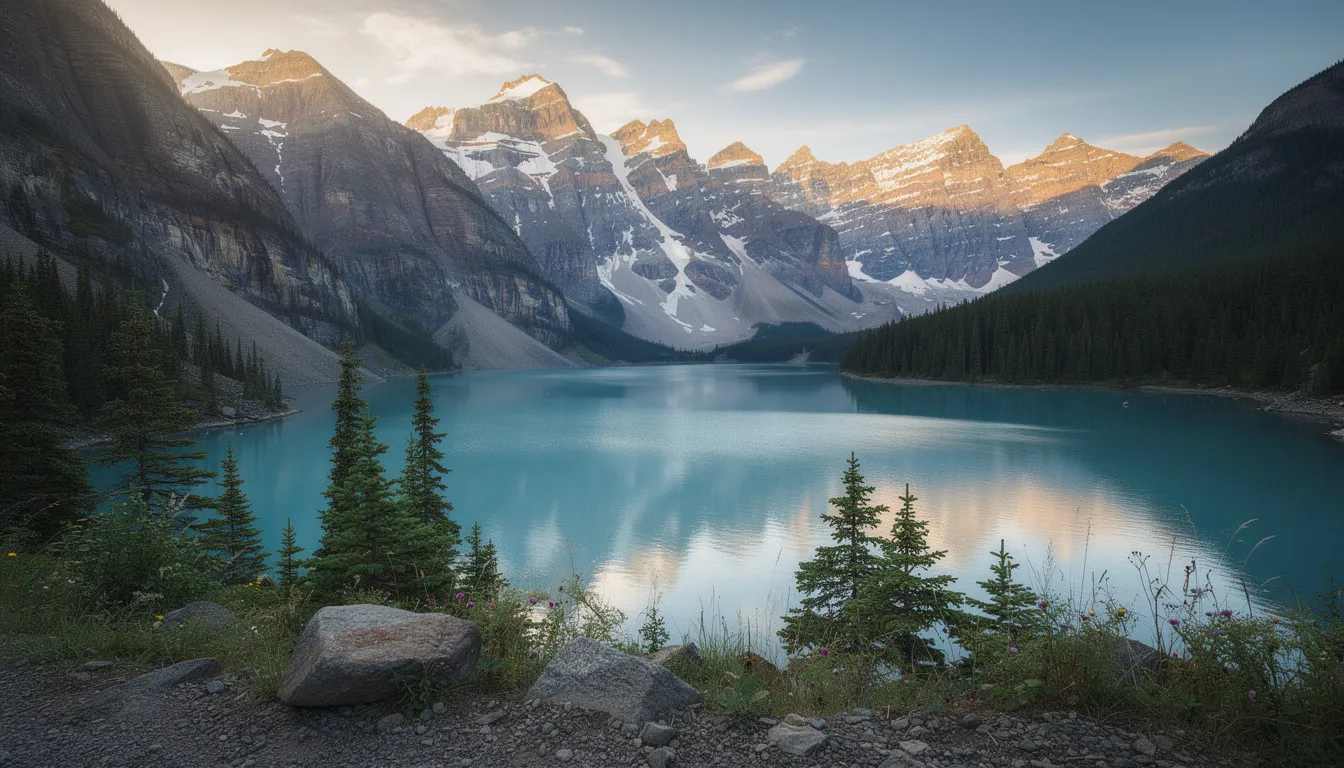 L'image montre un paysage canadien majestueux en Colombie-Britannique, avec des montagnes imposantes se reflétant dans un lac tranquille. Ce tableau naturel évoque la beauté du Canada, un pays qui attire de nombreux travailleurs qualifiés souhaitant immigrer par le biais de programmes comme l'entrée express.