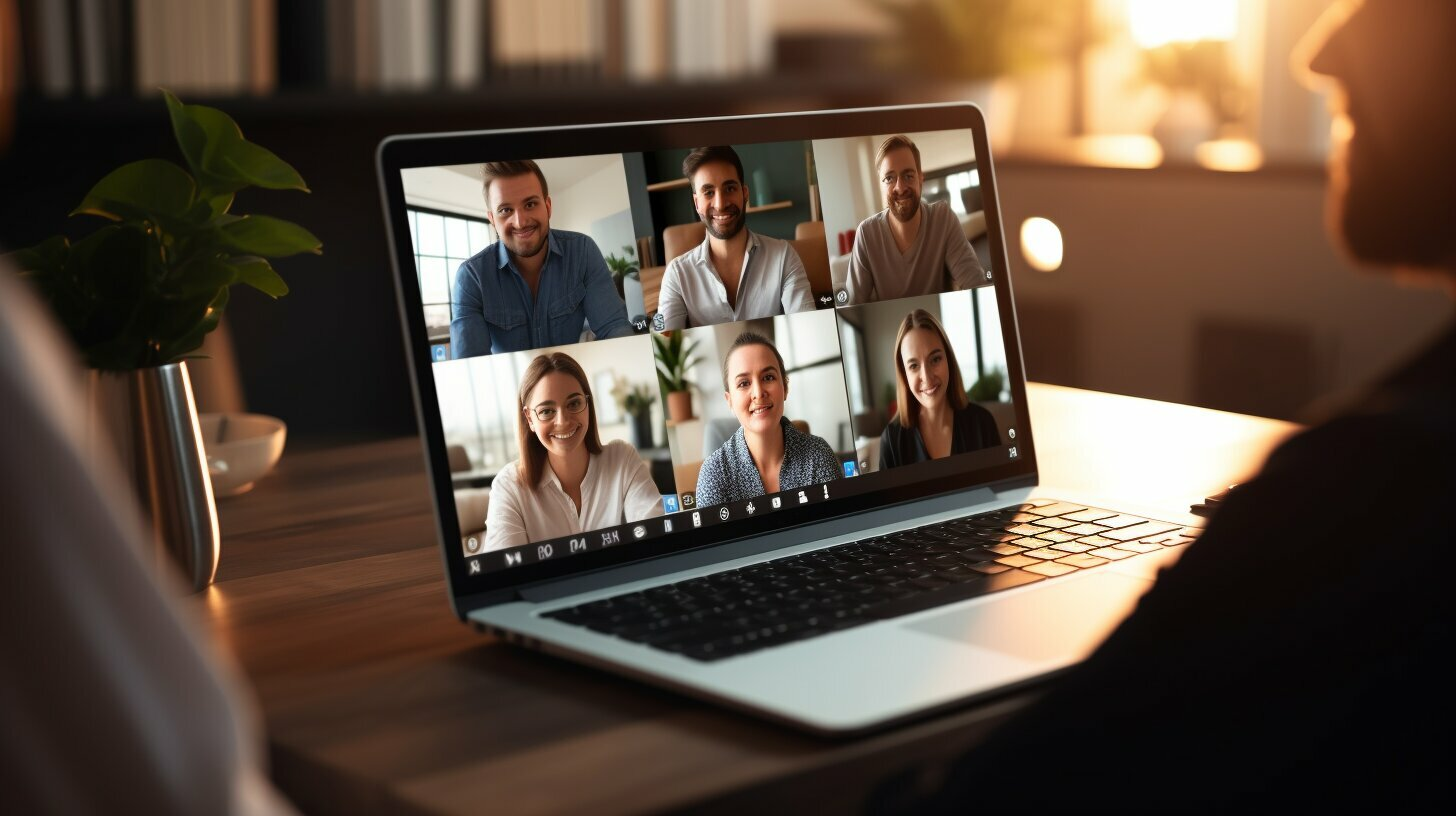 Video conferencing in front of a laptop