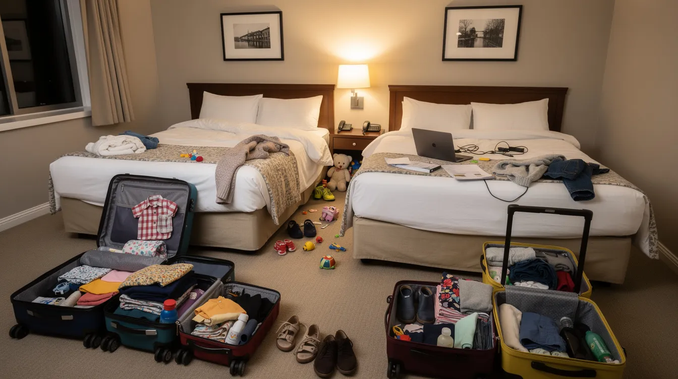 The image depicts a small hotel room with two beds, where a family's open suitcases and scattered belongings, including dirty clothes and a laundry bag, create a messy atmosphere. Tips for staying organized during an extended trip can help keep the space tidy and make it feel more like home.