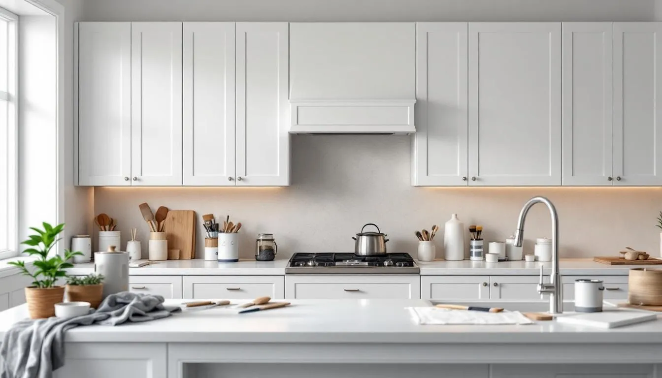 Cabinets being repainted in a kitchen, demonstrating a DIY project.