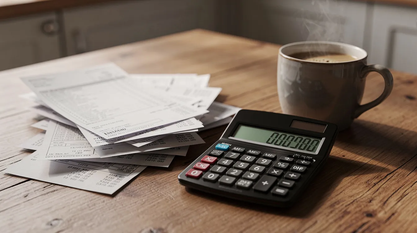 A calculator on a kitchen table beside a stack of paper bills and a coffee mug, suggesting budgeting and financial planning around home equity loans and HELOC interest