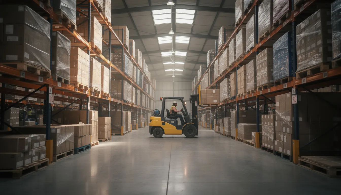 Na zdjęciu znajduje się magazyn wypełniony paletami z towarami, w którym pracuje wózek widłowy, transportujący ładunki. Tego rodzaju przestrzeń magazynowa jest kluczowa dla efektywnego zarządzania płynnością finansową firm zajmujących się handlem zagranicznym.