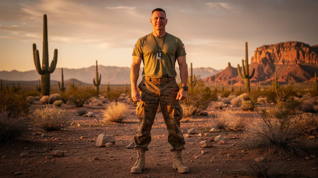 A U.S. Marine veteran stands confidently against the backdrop of a stunning Arizona desert landscape during golden hour, embodying unwavering commitment and honor. The warm light reflects his journey through military service and personal growth, symbolizing the challenges and opportunities he has faced since his deployment in the Iraq conflict.