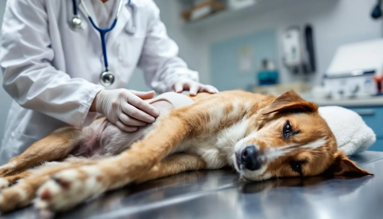 A veterinarian is examining a dog