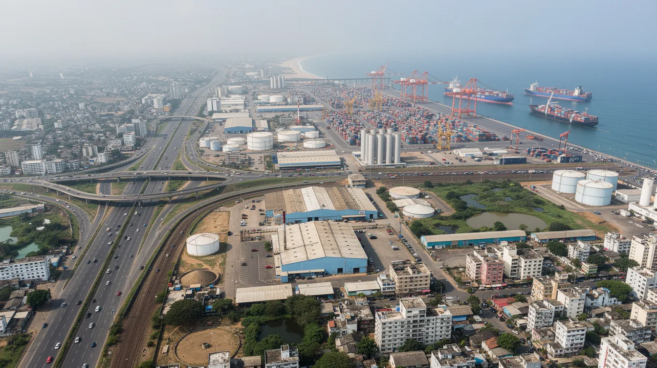 An aerial view of Chennai city captures the bustling port area, extensive highways, and various industrial zones, showcasing the city's rich economic landscape. This vibrant scene reflects numerous business opportunities, including profitable business ideas and small business ventures in Chennai, appealing to aspiring entrepreneurs.