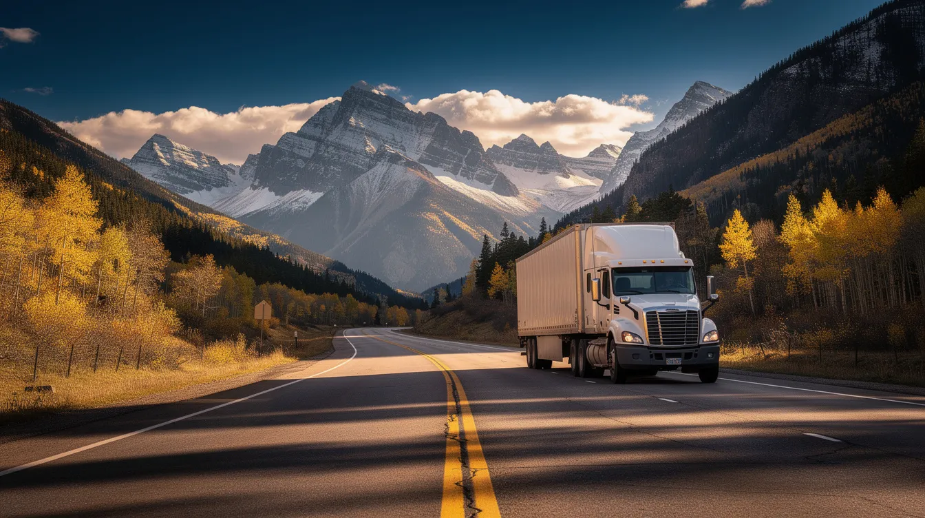 A large commercial truck is driving along a two-lane highway, surrounded by the stunning mountainous landscape of Colorado. The scene captures the essence of transportation in a region known for its beautiful vistas, which may also be relevant for workers compensation cases involving injured workers in the area.