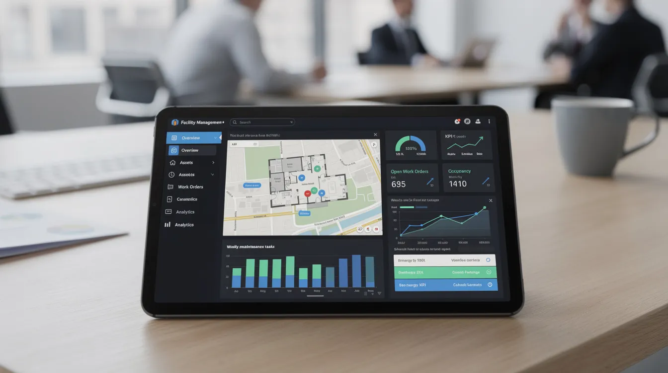 The image shows a modern facility management software dashboard displayed on a tablet, featuring various metrics and tools designed for business professionals in the facility services industry. This proprietary software aids franchise owners in managing operations, enhancing productivity, and providing city-wide facility solutions.