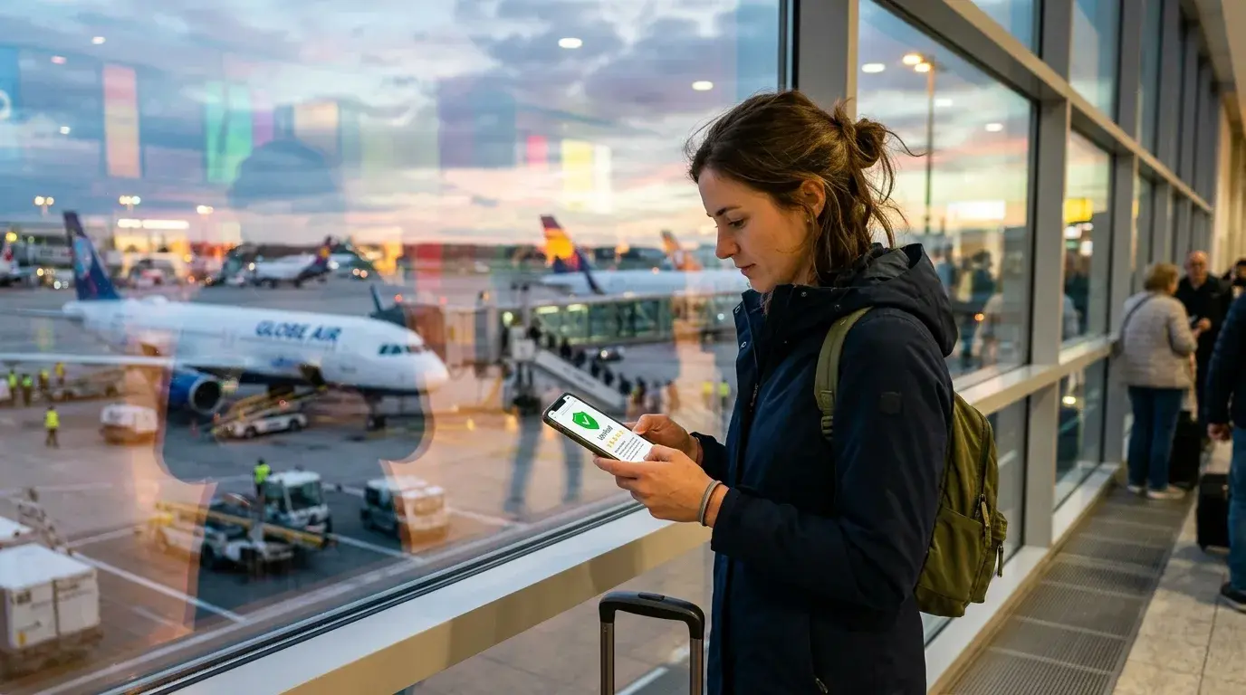Experienced traveler inspecting dummy ticket provider reliability before payment