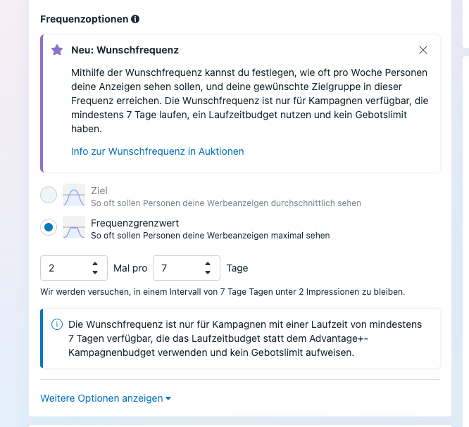 Freqeuncy cap Option bei Meta