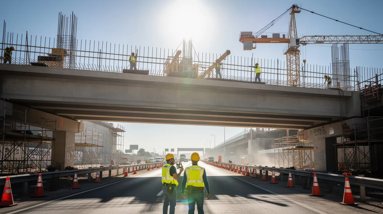 A group of construction workers, dressed in hard hats and high-visibility vests, are actively engaged in a highway overpass project under the intense summer sun, highlighting the importance of heat illness prevention and occupational safety in hot environments. They demonstrate the need for frequent breaks and staying alert to protect against heat stress and heat exhaustion.