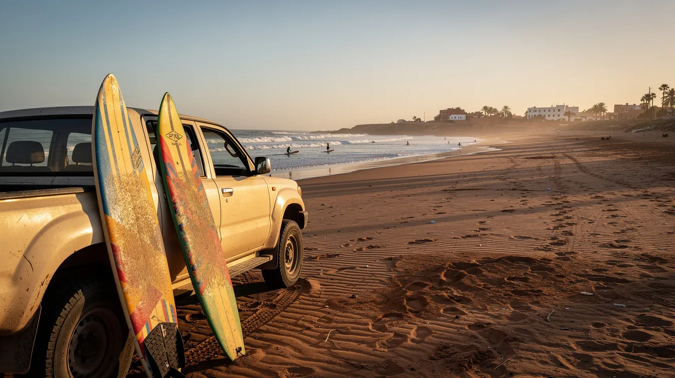 A rental car parked near a beach with surfboards.