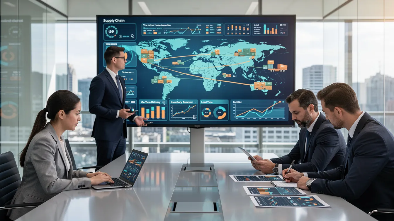 Billedet viser forretningsfolk, der analyserer supply chain-data på digitale dashboards og gennemgår forskellige metrics relateret til supply chain operations og automatiseringsværktøjer. De fokuserer på at forbedre effektivitet og overblik i deres supply chain-processer for at øge kundetilfredshed og reducere operationelle omkostninger.