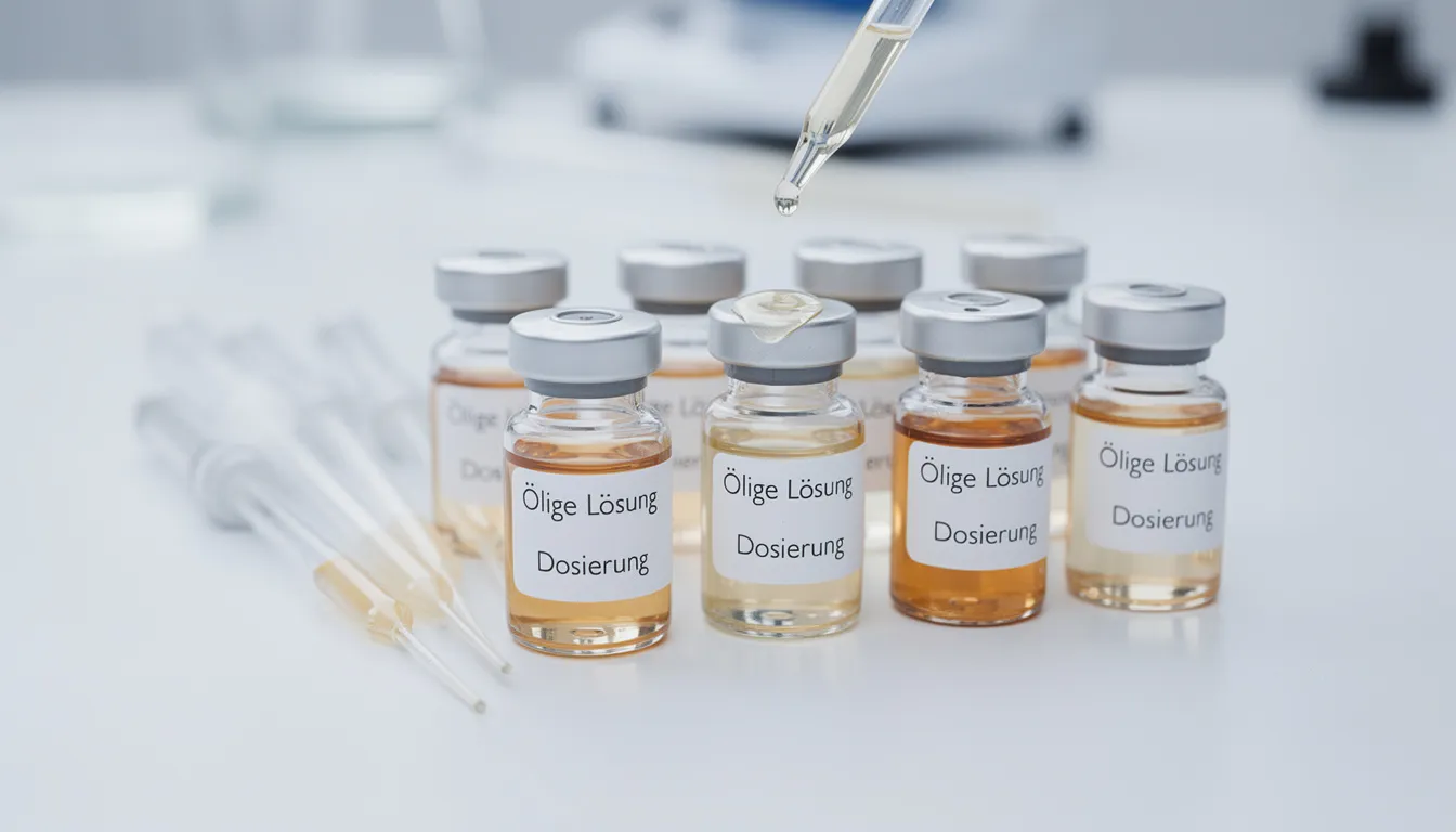 Auf einem sauberen Labortisch stehen mehrere medizinische Glasfläschchen mit öligen Lösungen und Pipetten, die für die Herstellung von Cannabisextrakten und medizinischen Cannabisprodukten verwendet werden. Diese Fläschchen könnten verschiedene Sorten wie White Widow oder Amnesia Haze enthalten, die zur Behandlung von Erkrankungen wie Multiple Sklerose eingesetzt werden.