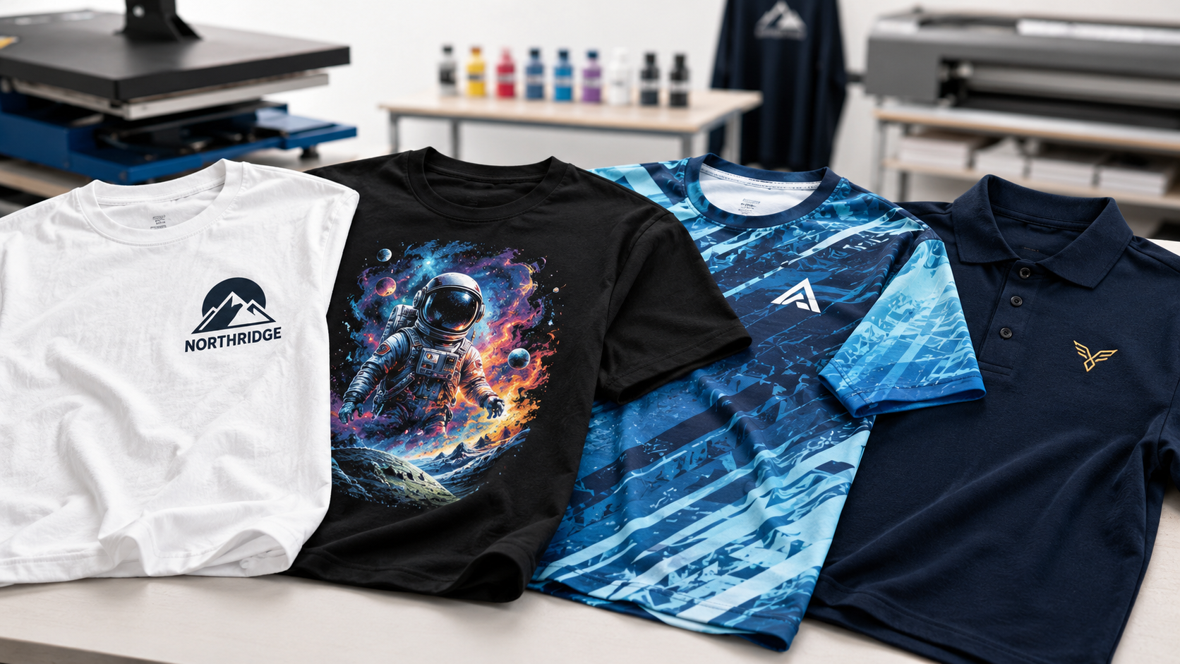 Custom T-shirts with screen printing, DTG, DTF, sublimation, and embroidered logo examples