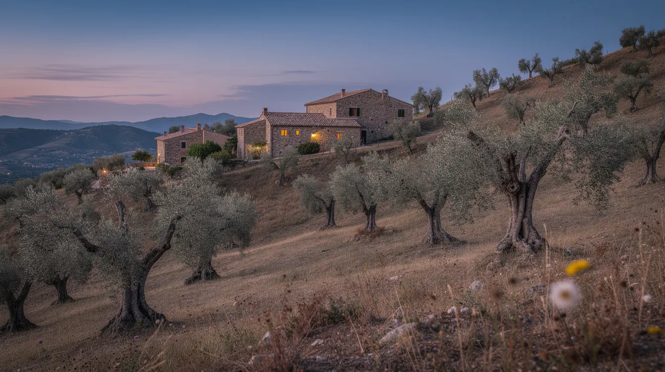 A serene hillside landscape features olive trees and rustic stone buildings bathed in the soft light of twilight, evoking a sense of tranquility reminiscent of the Mediterranean world during the time of the Roman Empire. The scene captures the essence of rural life, reflective of the Roman society that flourished across various provinces.