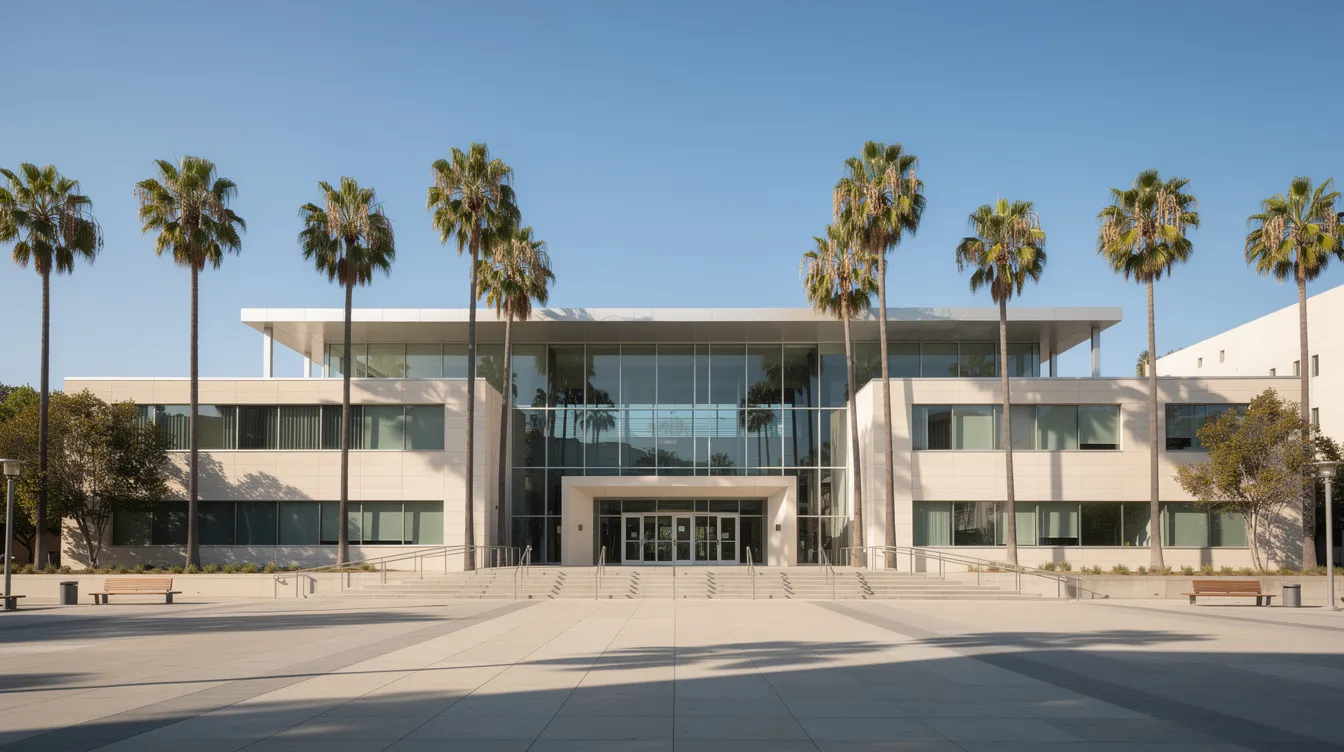 Modern courthouse building with palm trees in Santa Ana, California, serving as a venue for family law cases and legal proceedings.