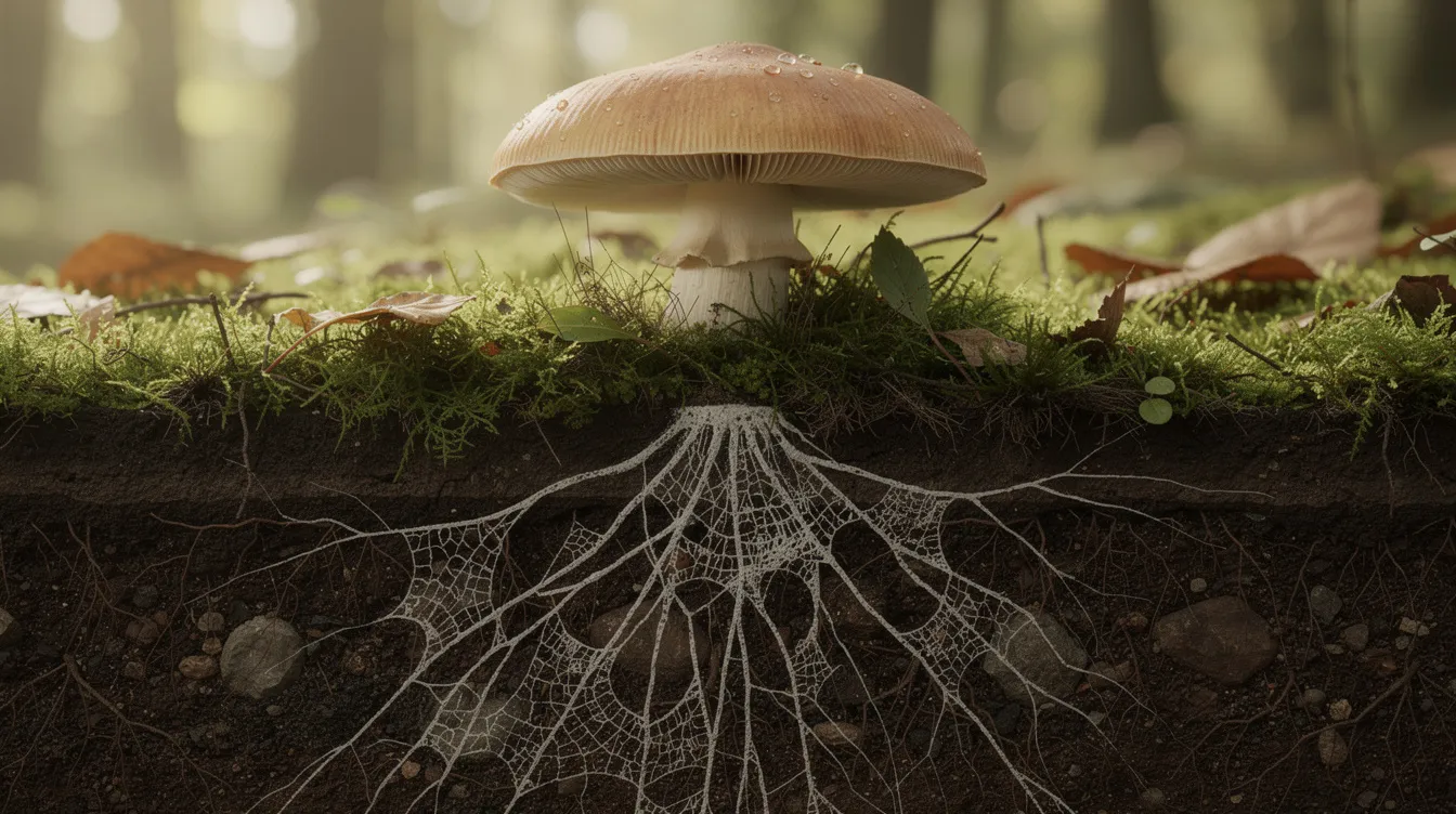 The image depicts a vibrant mushroom emerging from a lush, mossy forest floor, showcasing its distinctive cap while a network of root-like mycelium is visible beneath the soil. This scene highlights the natural beauty of mushrooms, which are known for their various health benefits, including immune support and cognitive function enhancement.