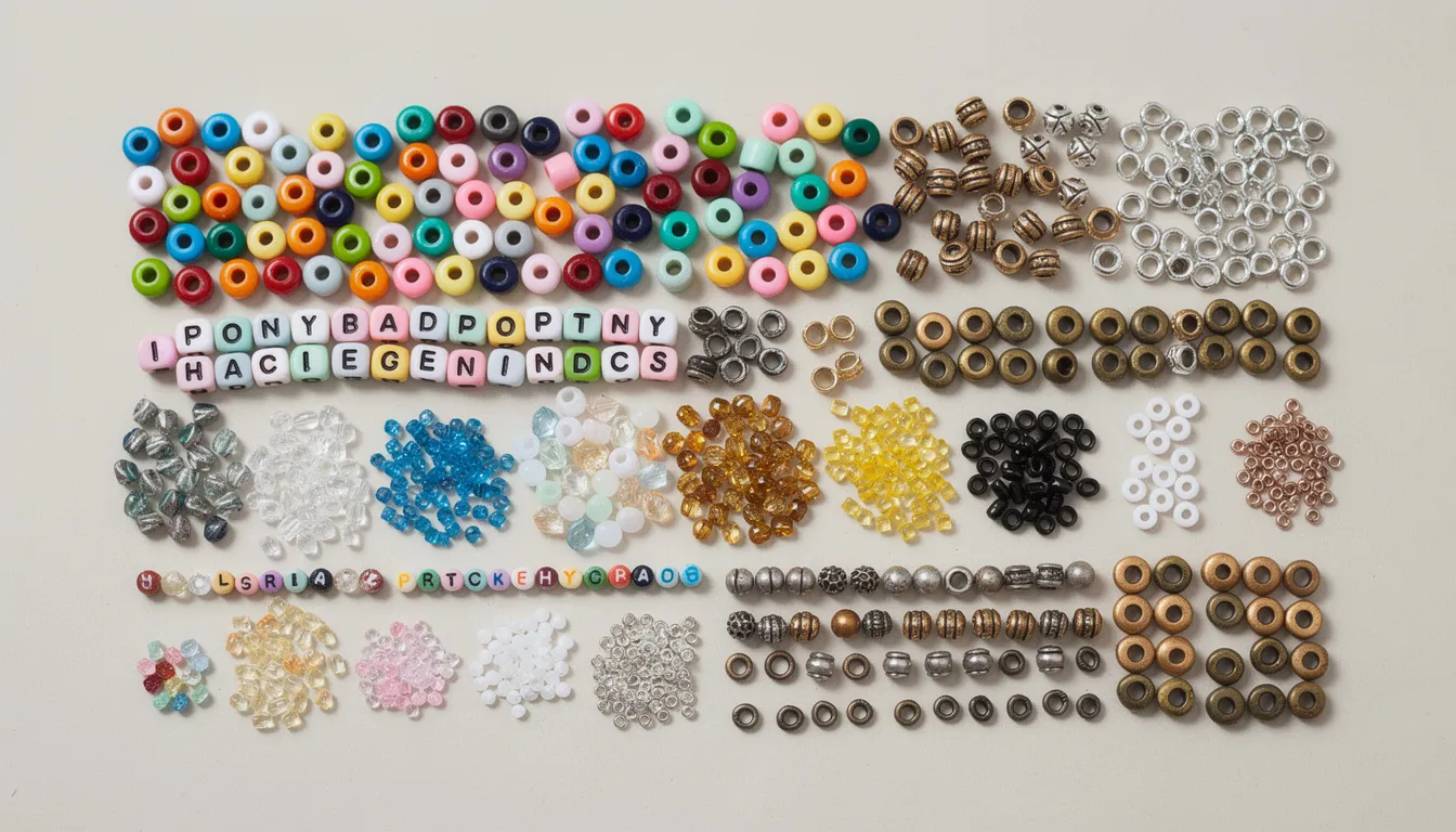A vibrant assortment of various beads is displayed on a flat surface, including pony beads, letter beads, seed beads, and spacer beads, perfect for creating colorful beaded friendship bracelets. This collection showcases a range of colors and shapes, inviting creativity for kids and adults alike to design unique patterns and messages.
