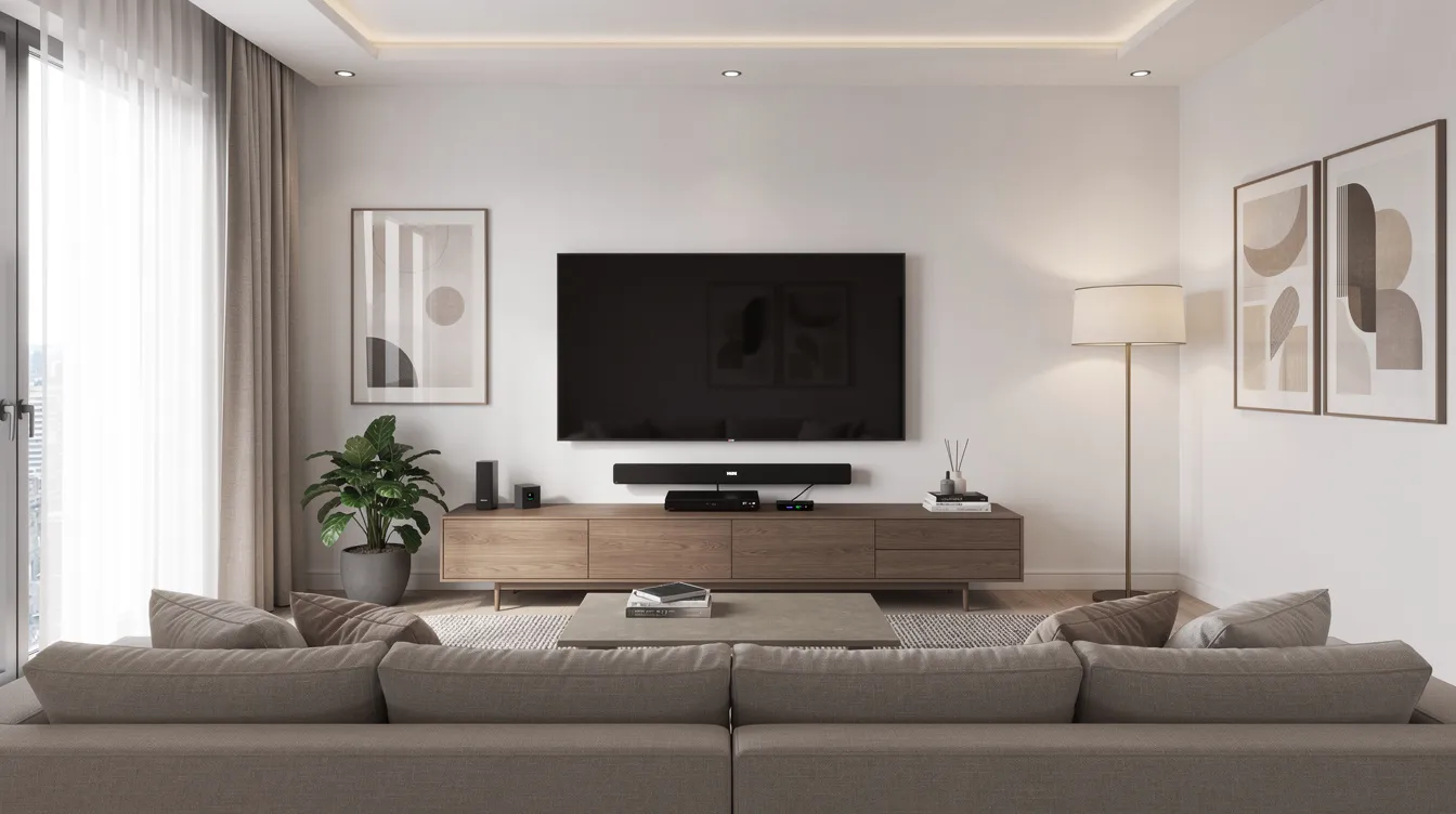 The image depicts a modern living room featuring a sleek mounted TV above an entertainment setup, showcasing a cozy and stylish environment ideal for relaxation and entertainment. This space highlights the importance of professional DSTV installation services for an optimal viewing experience, ensuring reliable signal reception and a seamless DSTV setup.