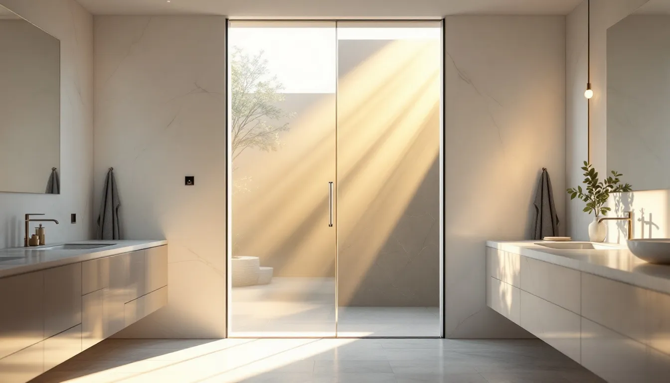 A stylish glass door enhancing light in a modern bathroom.
