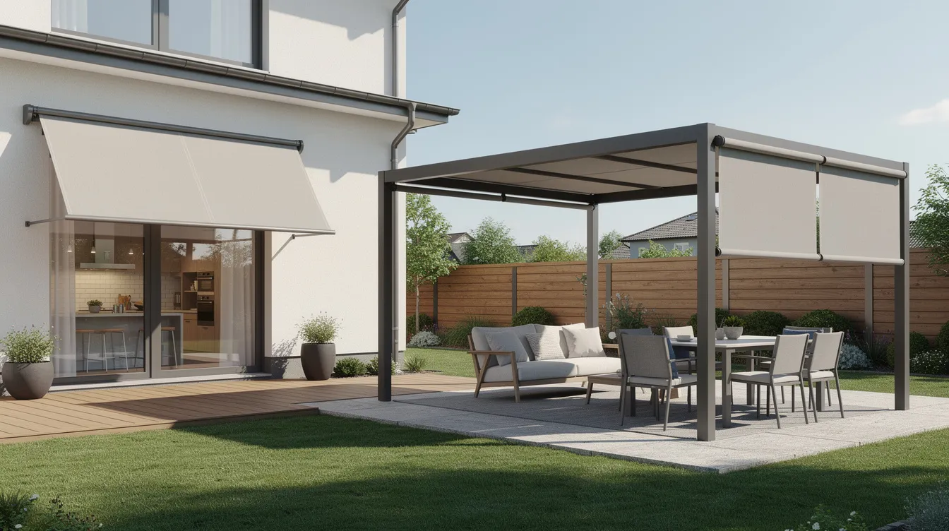 This image showcases a side-by-side architectural rendering of three elegant residential patio shade options in a modern suburban backyard. It features a wall-mounted canvas awning over a kitchen sliding door, a freestanding metal shade canopy over an outdoor seating lounge, and a sleek aluminum pergola with motorized drop shades, all designed to enhance outdoor spaces while providing stylish protection from the sun.