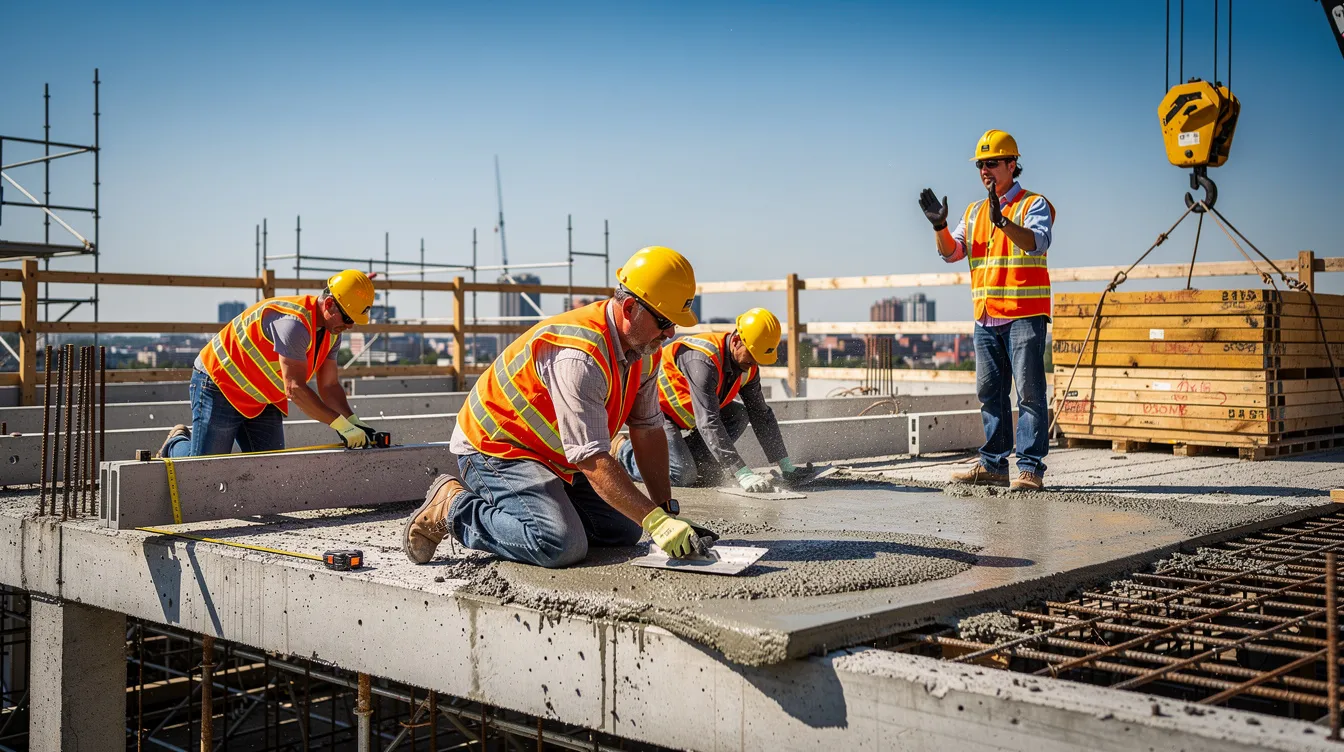 A group of construction workers, all wearing hard hats and bright safety vests, are actively engaged in building a concrete structure under the intense summer sun. This scene emphasizes the importance of occupational safety and compliance with OSHA regulations on a construction site, showcasing their commitment to safety management and training.