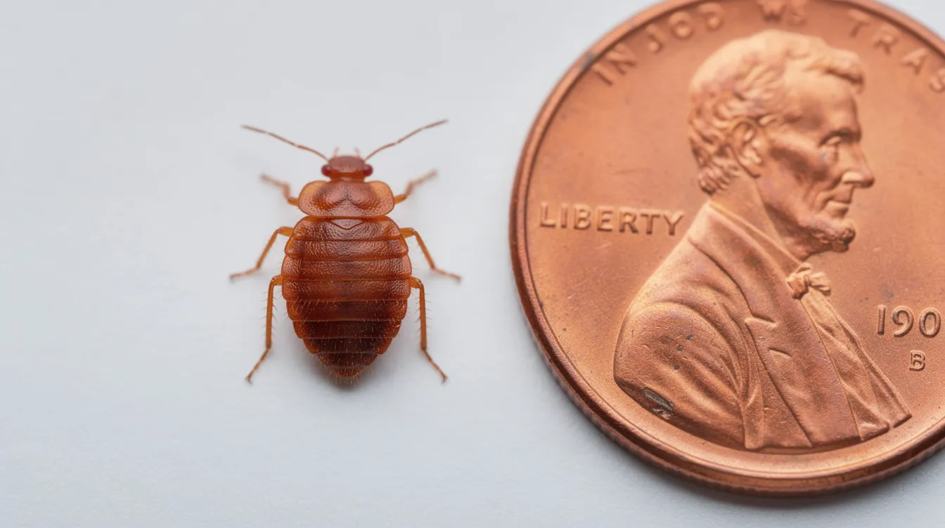 Bed Bug Identification: Complete Guide to Spotting Bed Bugs 1 The image shows a close-up of an adult bed bug, characterized by its flat, oval-shaped body and reddish-brown color, positioned next to a penny for size comparison. This detailed view aids in the accurate identification of bed bugs, which are known for causing discomfort through bites.