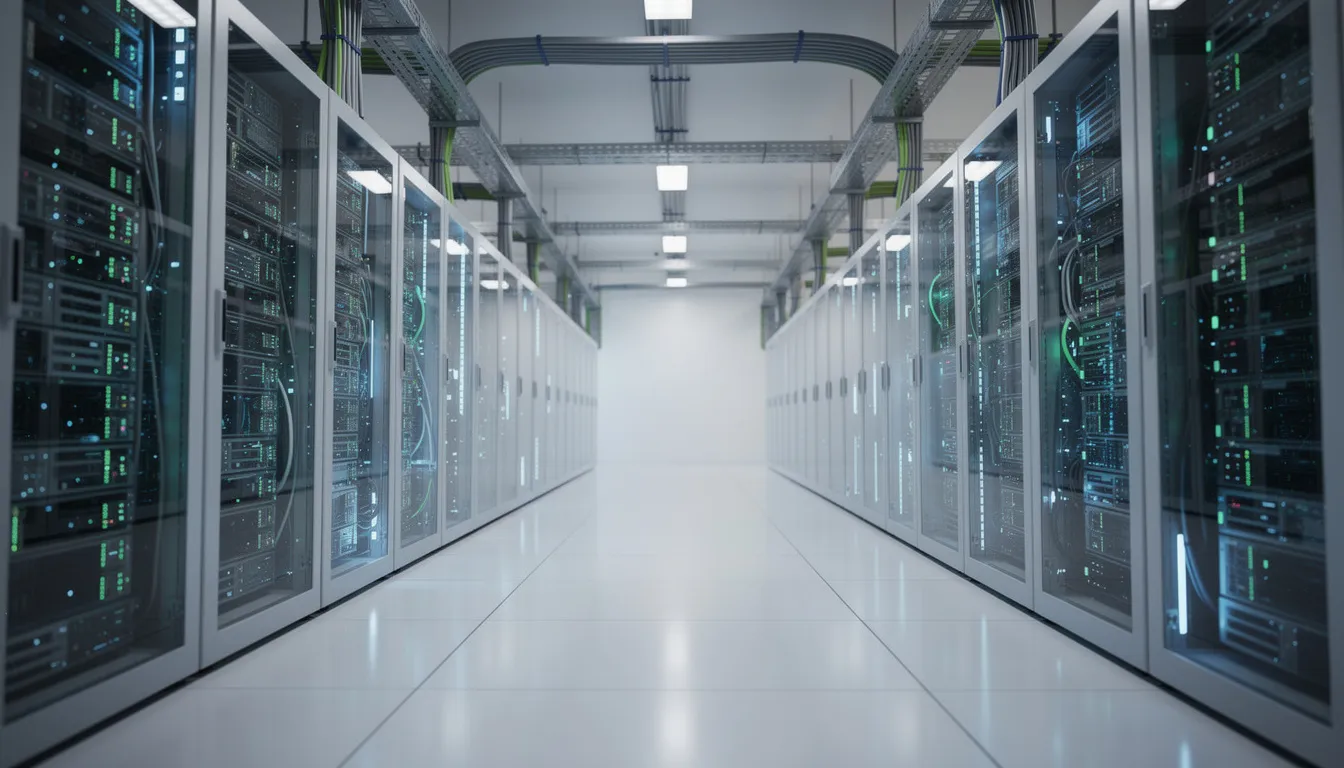 Imagen de un moderno centro de datos que muestra filas de servidores iluminados con luces azules y verdes, simbolizando la infraestructura de servicios en la nube y el almacenamiento de datos. Este entorno tecnológico resalta la importancia de la computación en la nube para empresas y usuarios que requieren acceso a aplicaciones y recursos a través de internet.