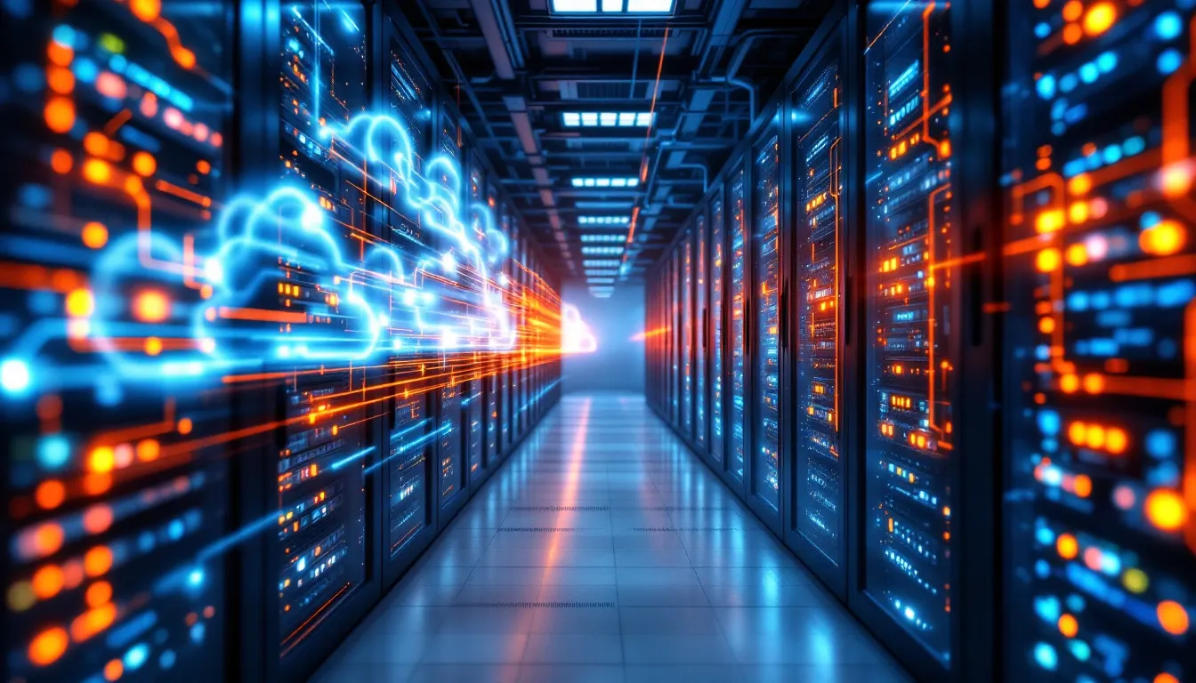 The image depicts a modern data center featuring rows of servers and a visualization of cloud infrastructure, illustrating the data flow between various systems, including elements of data integration and transformation. It emphasizes the seamless integration capabilities of platforms like Azure Data Factory and Fivetran, showcasing automated data movement and complex data workflows essential for managing data pipelines and ensuring up-to-date data across data lakes and warehouses.