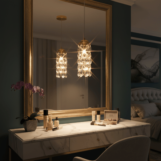 Crystal cylinder pendant lights over a bedroom vanity, featuring bedroom pendant lighting ideas.