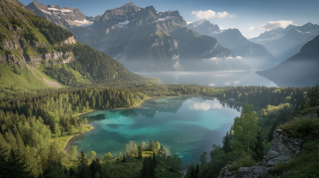 A imagem apresenta uma vista panorâmica de lagos cristalinos rodeados por florestas verdes, situados em uma região montanhosa da Europa. O cenário natural é sereno e convidativo, refletindo a beleza da paisagem eslovena, com um céu azul ao fundo.