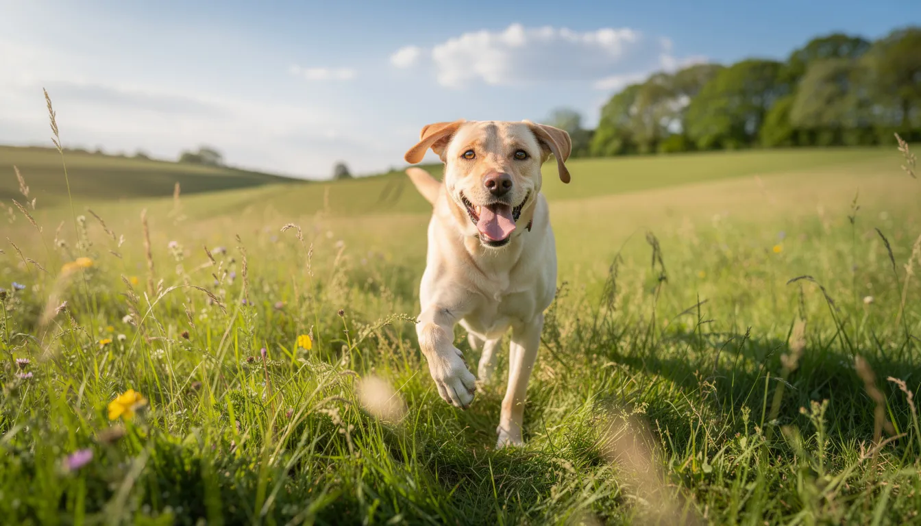 Na obrazku widać szczęśliwego labradora biegającego po zielonej łące w słoneczny dzień, co odzwierciedla jego radosne zachowanie. Pies cieszy się aktywnością fizyczną, co jest korzystne dla jego zdrowia, a także może pomóc w podjęciu decyzji o ewentualnej kastracji psa, co jest jednym z najczęściej wykonywanych zabiegów weterynaryjnych.