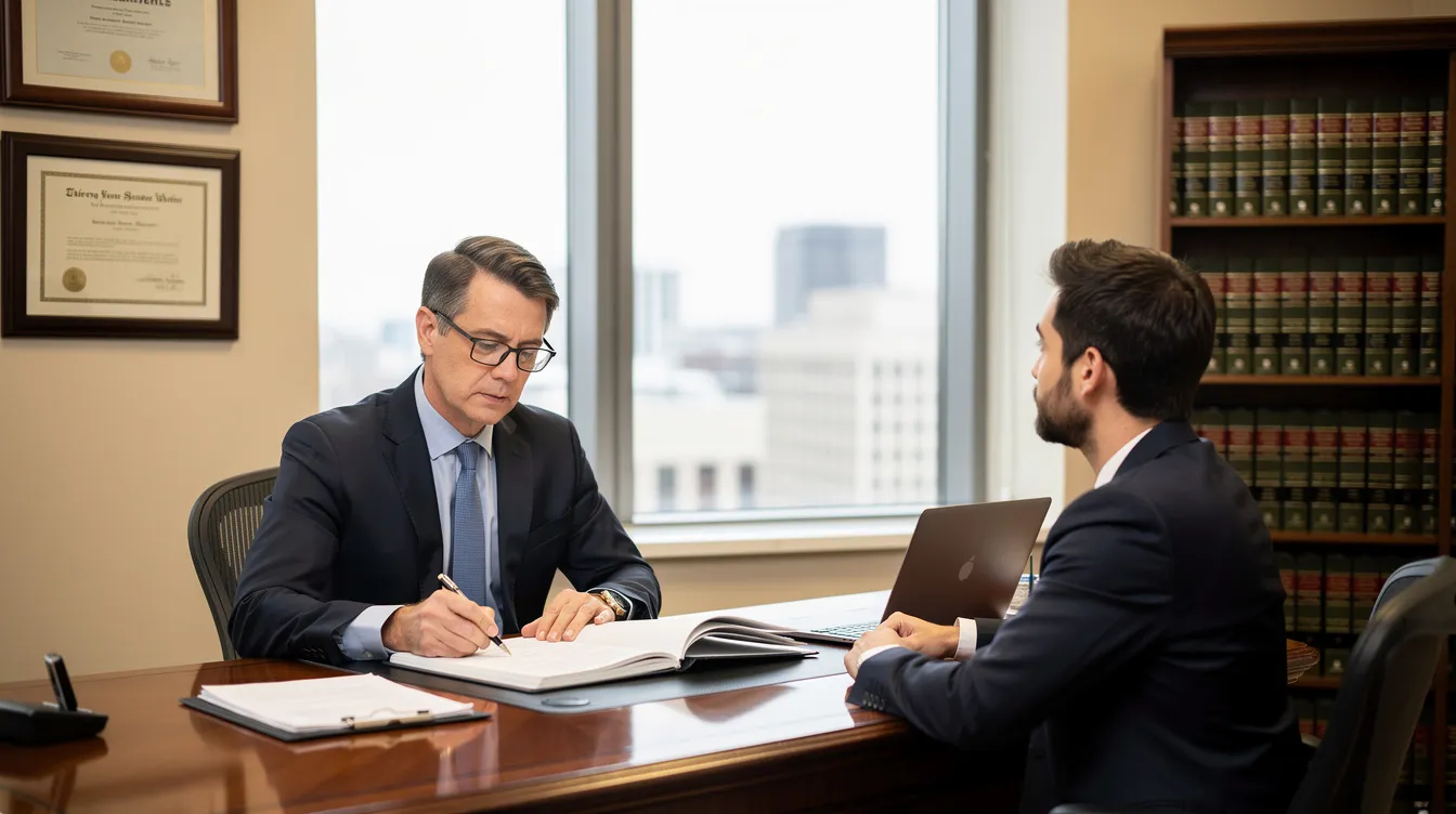An attorney is seated at a desk in a professional office, carefully reviewing medical records and documents with a client, who appears to be discussing their disability claim related to chronic back pain and spinal disorders. The atmosphere conveys a sense of seriousness as they assess the objective medical evidence needed for social security disability benefits.