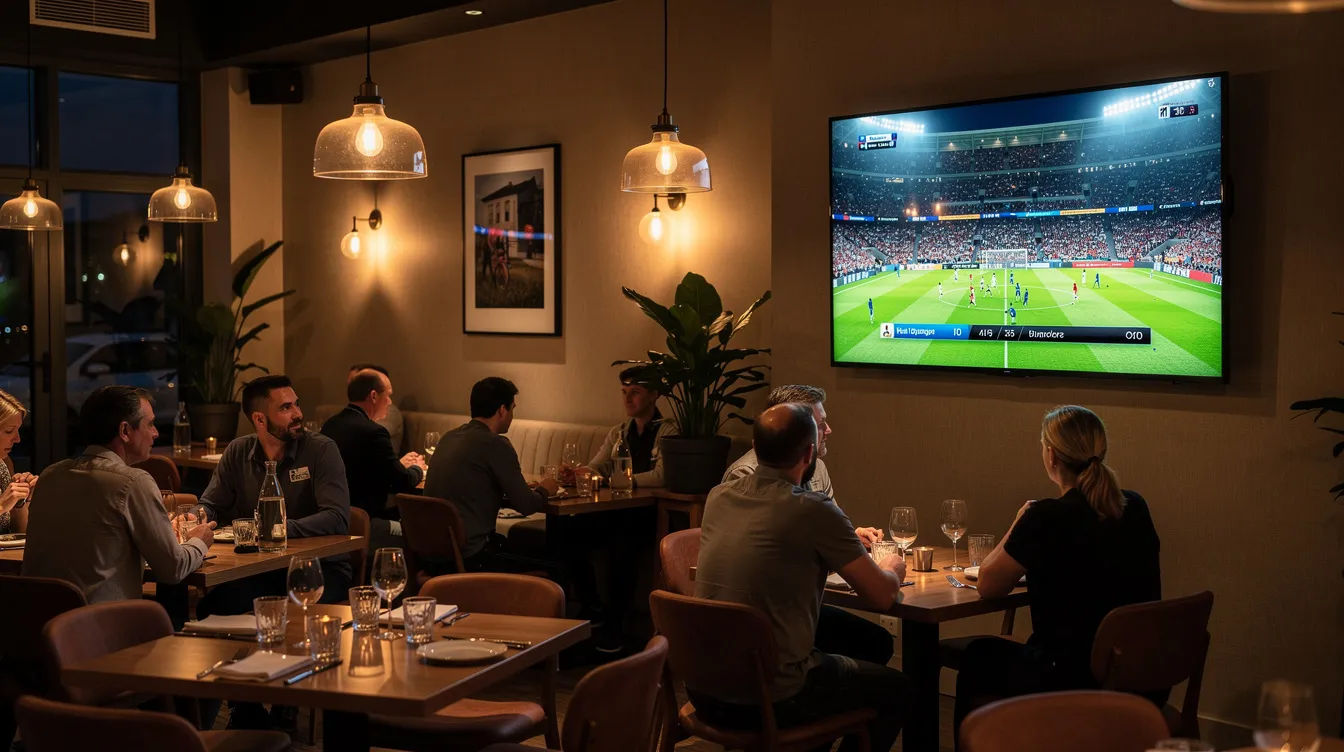 The image depicts a cozy restaurant interior featuring comfortable seating arrangements and a wall-mounted television displaying a live sports broadcast. The atmosphere is lively, making it an ideal spot for guests to enjoy their meals while watching their favorite sports, with a focus on quality entertainment through professional DSTV installation services.