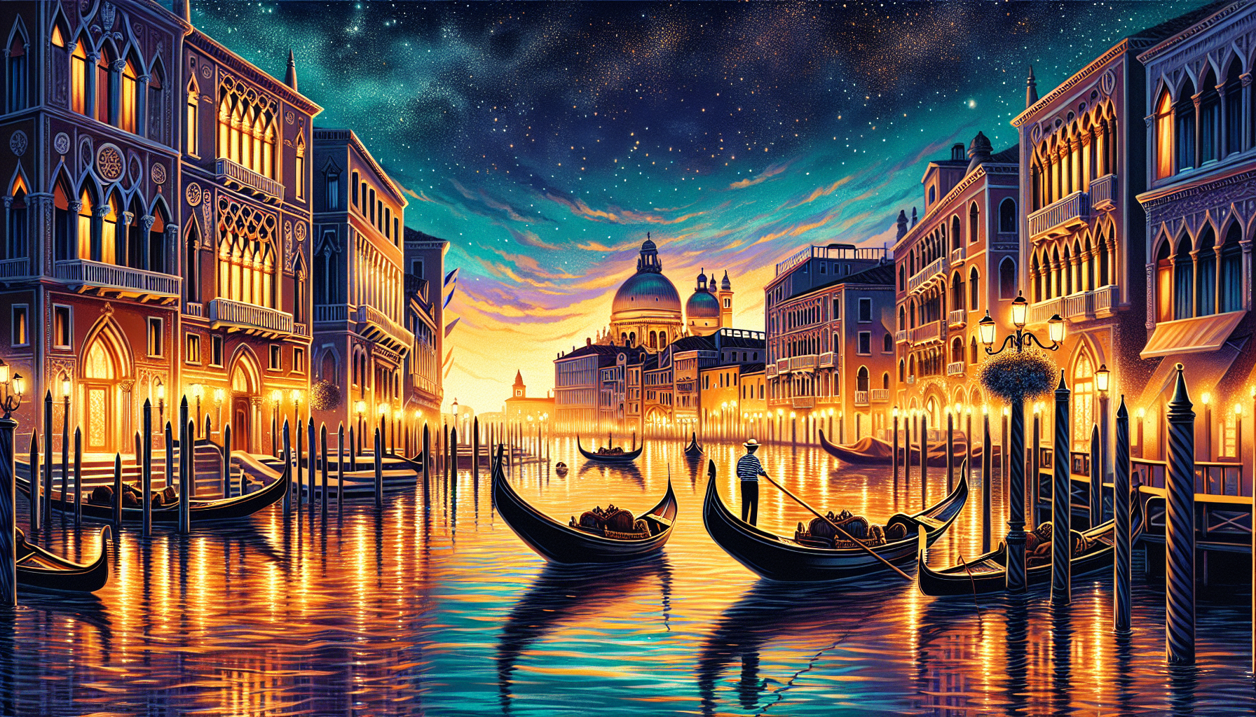 Evening in Venice with Gondolas