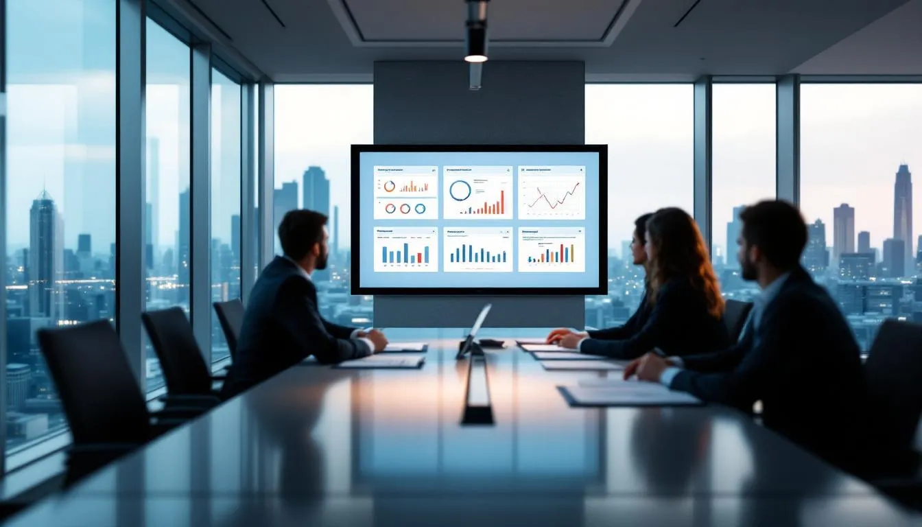 In a modern conference room, a group of business professionals is intently reviewing documents and charts, discussing strategies for a comprehensive hotel business plan that includes financial projections and market analysis to ensure the success of their boutique hotel in the competitive hospitality industry.