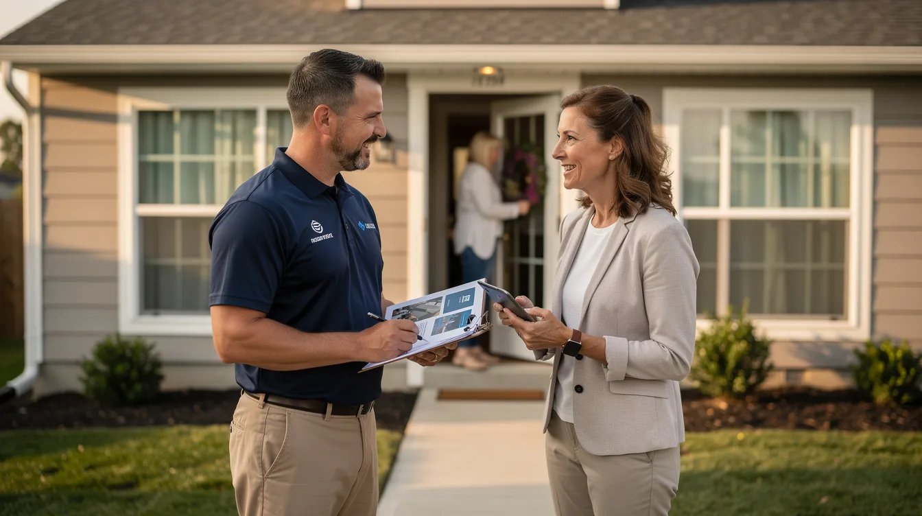 A franchise owner is discussing window and surface options with a homeowner at their front door, highlighting the benefits of their home repairs franchise. The conversation emphasizes the proven business model and strong support network that can help first-time owners succeed in the industry.