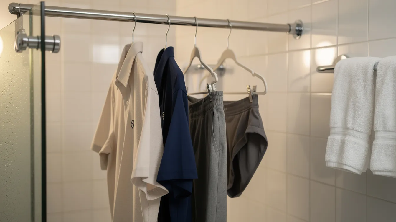 Lightweight travel clothing items, including t-shirts and socks, are hanging on a hotel bathroom shower rod, illuminated by soft lighting. This technique works well for drying clothes quickly, maximizing surface area to help remove moisture effectively.