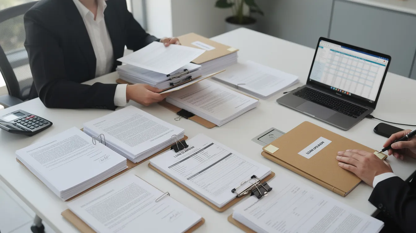 A person is seen organizing various business documents and loan papers at a desk, including loan application forms and bank statements, essential for applying for a mudra loan or working capital loans. The scene highlights the importance of complete documentation and eligibility criteria for financial assistance from a bank or financial institution.